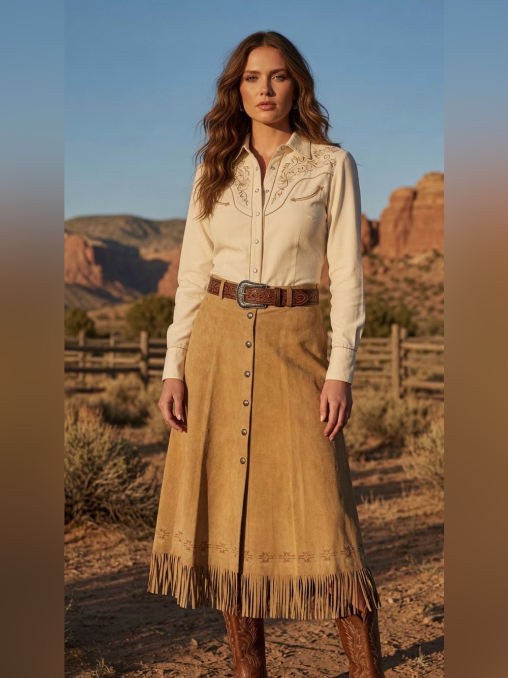 Patricia Wolf hand painted fringe skirt concho buttons up the front art to wear
